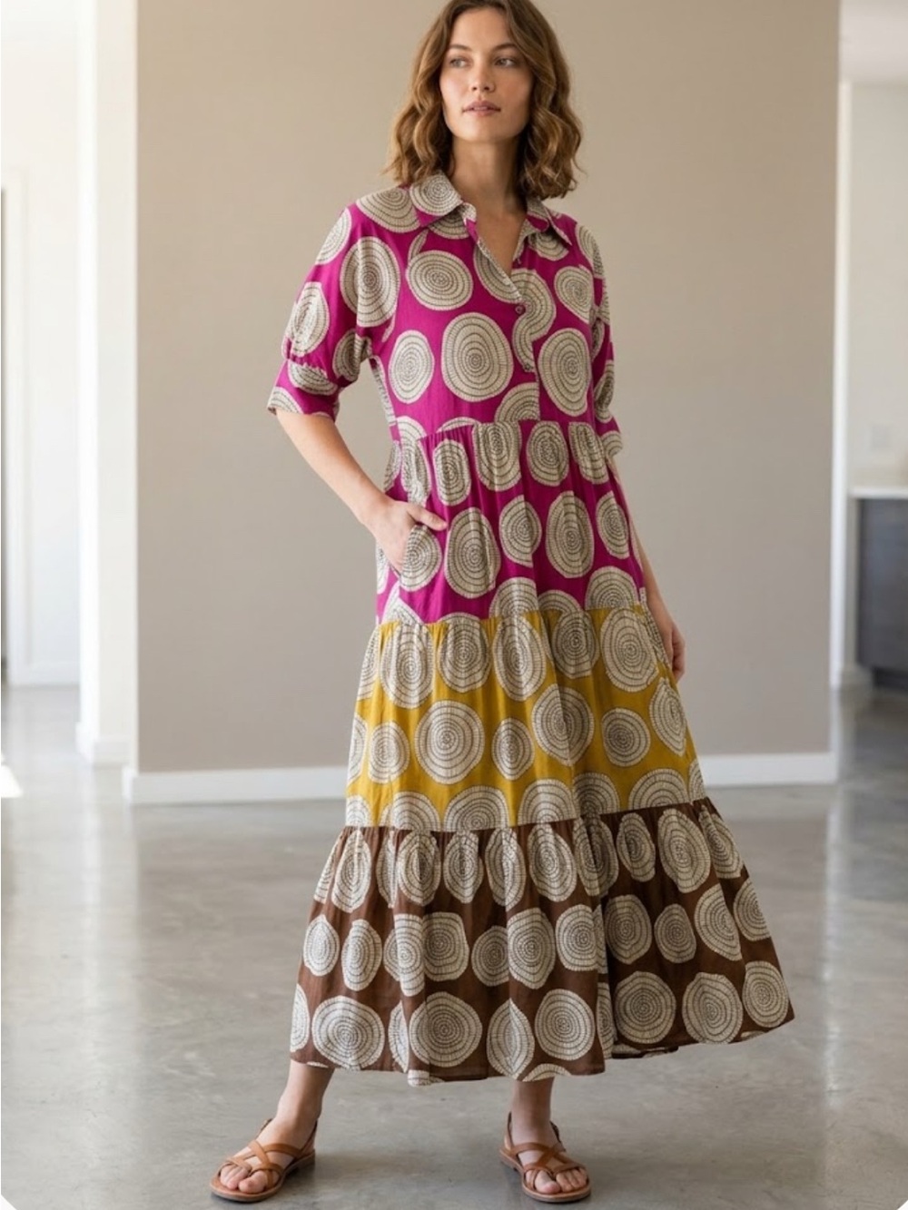 UNCLE FRANK Women's Pink Multicolor Tiered Button-Front Maxi Dress
